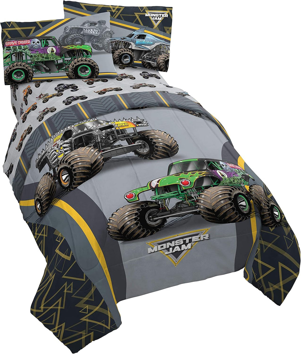 Jay franco Monster Jam MJ Life 4 Piece Twin Bed Set-Includes Reversible Comforter&Sheet Set-Bedding Features Grave Digger, Max-D, Megalodon-Super Soft Microfiber-(Official Monster Jam Product)
