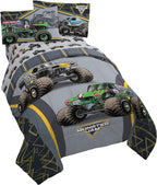 Jay franco Monster Jam MJ Life 4 Piece Twin Bed Set-Includes Reversible Comforter&Sheet Set-Bedding Features Grave Digger, Max-D, Megalodon-Super Soft Microfiber-(Official Monster Jam Product)