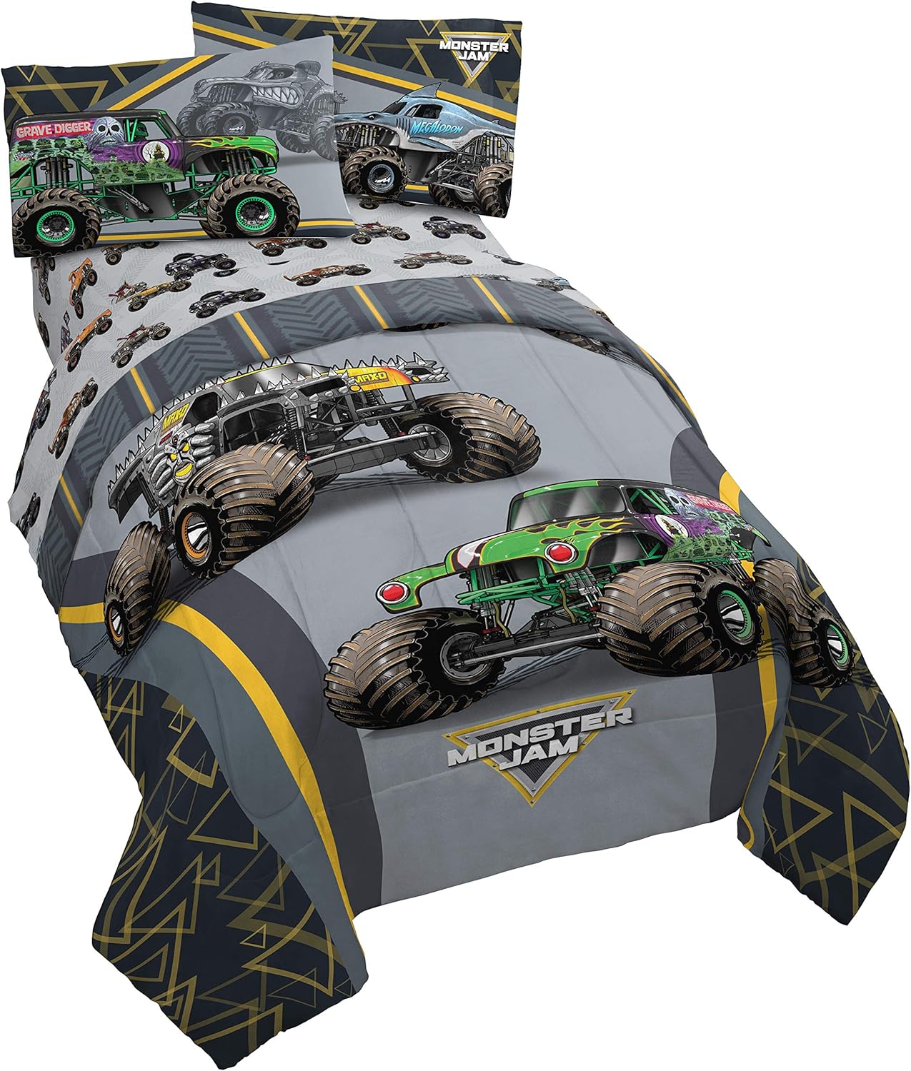 Jay franco Monster Jam MJ Life 4 Piece Twin Bed Set-Includes Reversible Comforter&Sheet Set-Bedding Features Grave Digger, Max-D, Megalodon-Super Soft Microfiber-(Official Monster Jam Product)