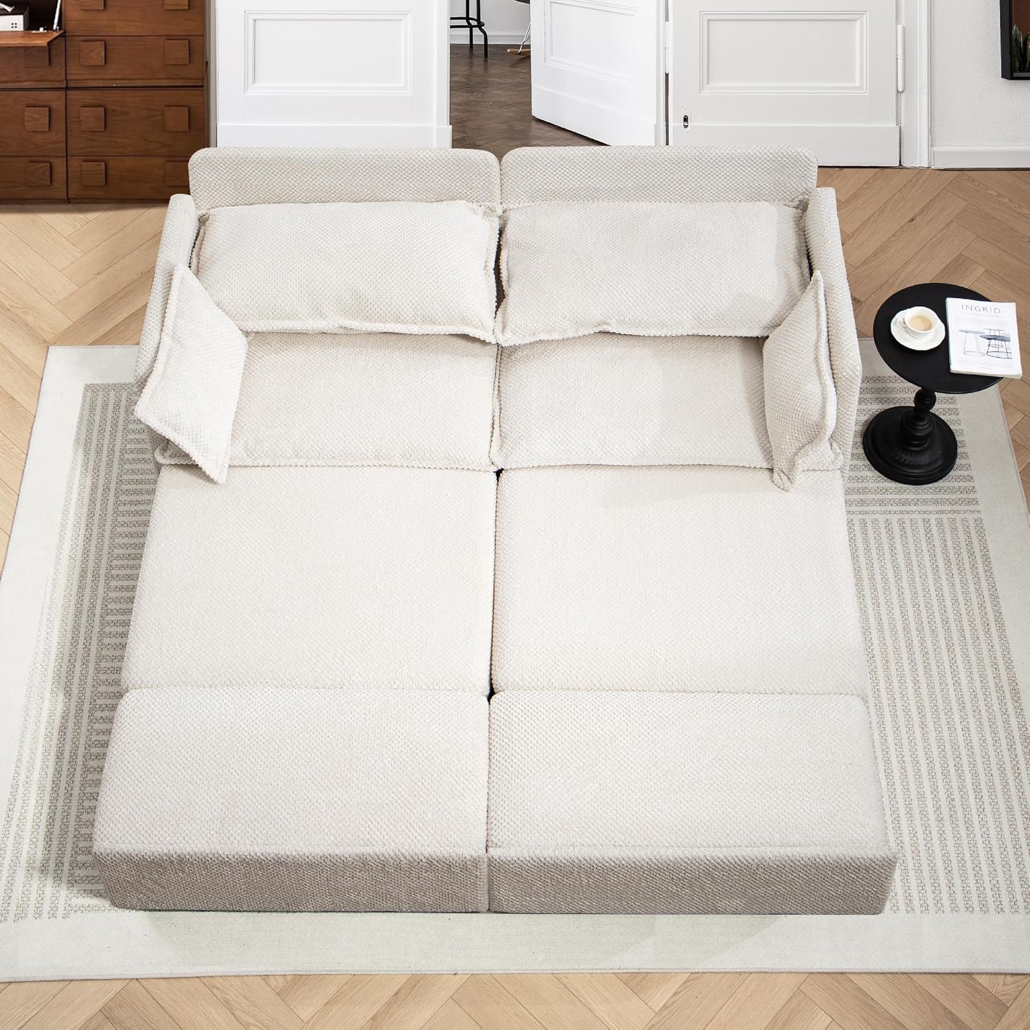 King & Queen Size Pull Out Sofa Bed – Convertible Sleeper Sofa Bed with Cup Holders, USB Ports, Side Pockets, Corduroy Loveseat Couch Chaise Lounge for Living Room, Apartment (Beige, 74")