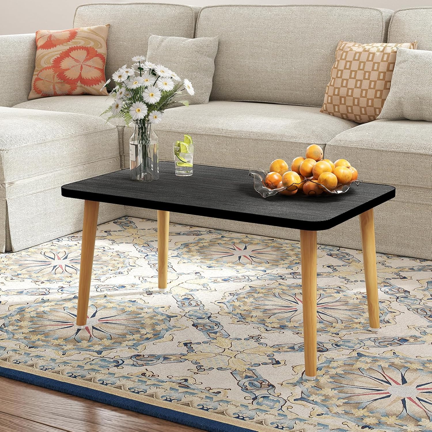 Square Coffee Table Low Table with 4 Solid Wood Sturdy Legs, Floor Table Desk for Sitting on The Floor, Storage and Living Room Furniture (Black)