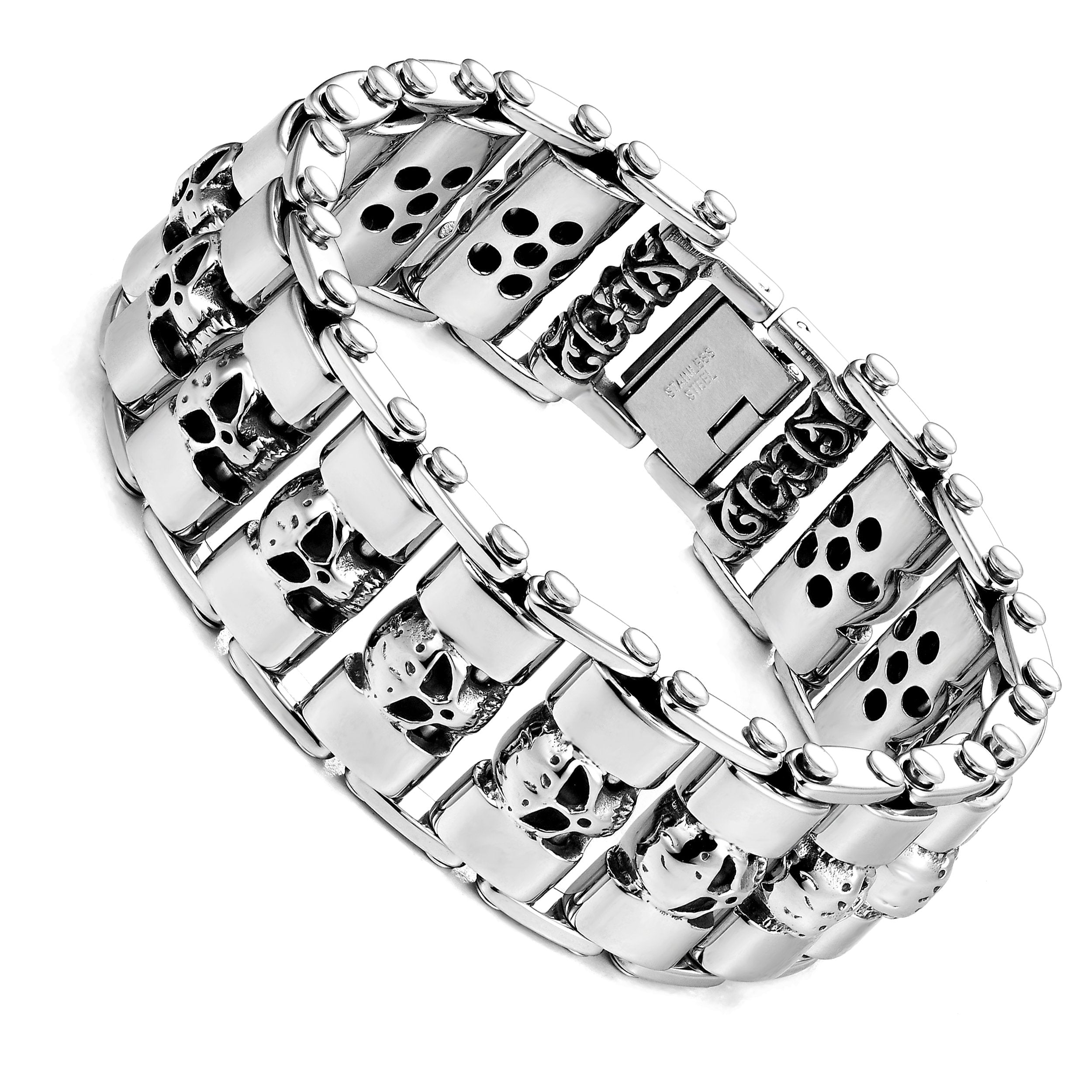 Urban Jewelry Skull Head Gothic Biker Bracelet for Men 316L Stainless Steel Mens Link Bracelet