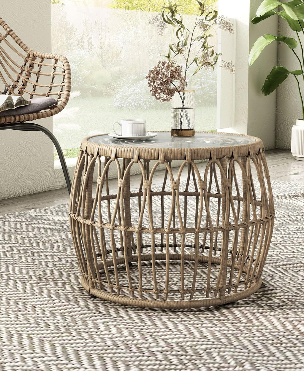 Muse & Lounge Co. Ysar Boho Rattan Round Coffee Table Outdoor with 5mm Tempered Glass Top, All-Weather and Rust Resistant Patio Furniture