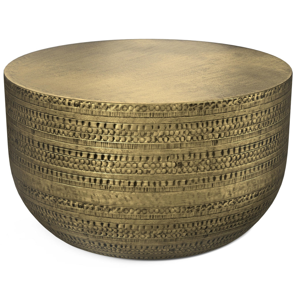SIMPLIHOME Johnsen Metal Table - 15 inch Wide Solid Iron Drum Accent Table in Antique Copper with Tribal Pattern, Round Boho End Table for Living Room, Bedroom, or Home Office, Fully Assembled