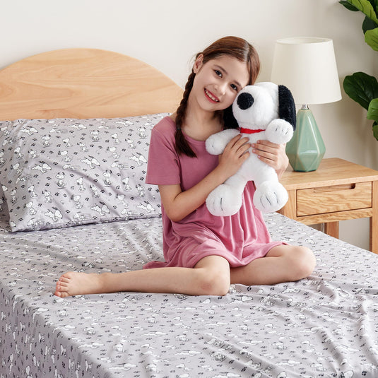 Berkshire Blanket Peanuts® Kids Sheet Set, Full Size - 4 Pieces, Peanuts® Mini Poses and Paws Grey, Cute Character Snoopy Printed Soft Microfiber Bed Sheets