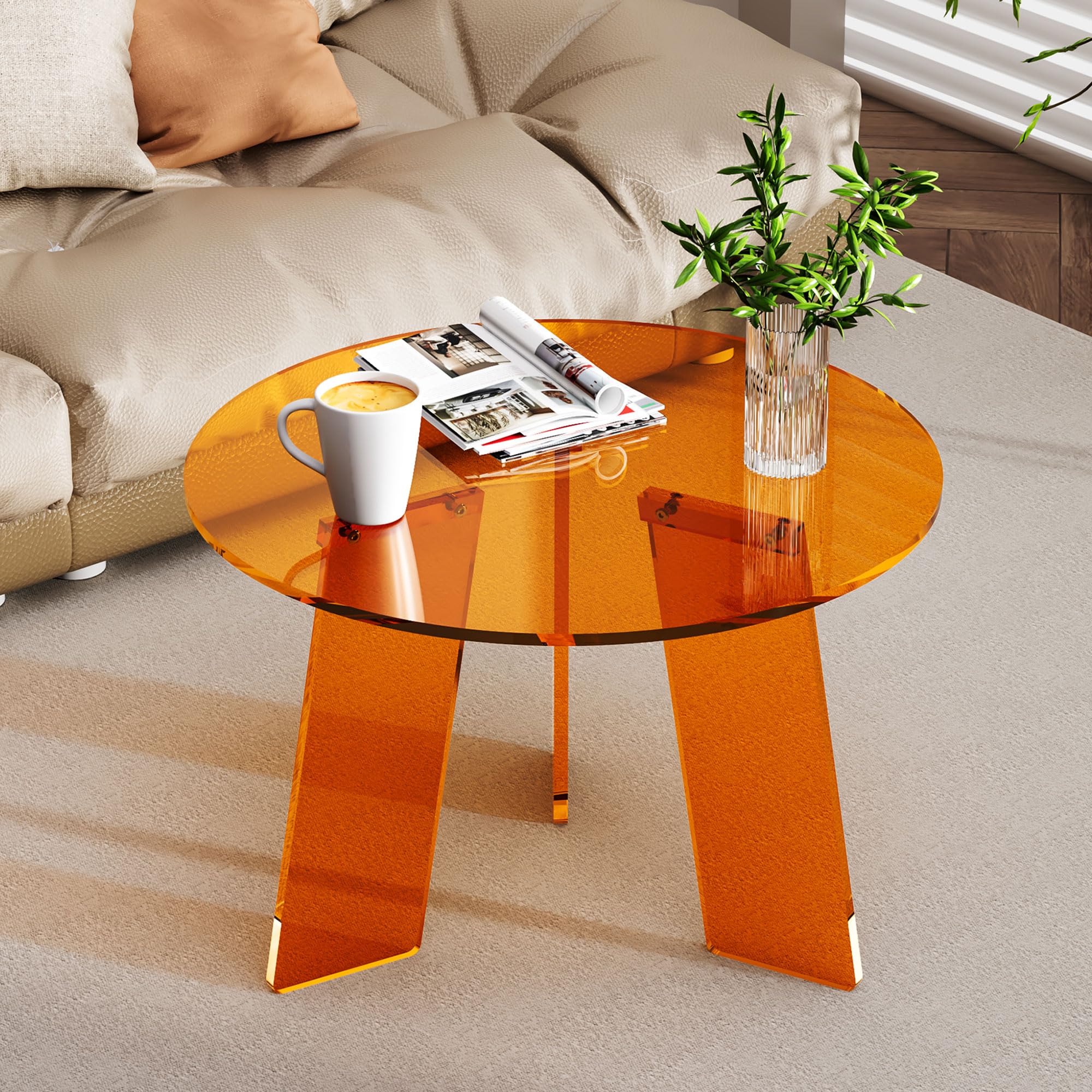 Acrylic Coffee Table Round, Clear Circle Modern Lucite Side Table Legs for Living Room, Bedroom, Office (Clear, 23.6“ × 15.7”)