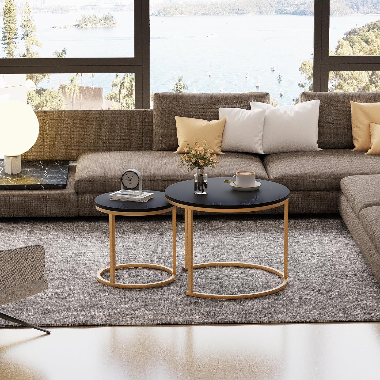 VILAWLENCE Coffee Table Nesting Set of 2 Round End Table Accent Side Stacking Tables Black Wood with Sturdy Metal Frame, Modern Living Room Table Sets Industrial Nightstand