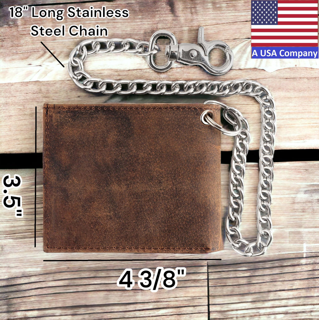 F&L CLASSIC RFID Blocking Mens bi-fold Style Cowhide Leather Steel Chain Wallet, brown vintage leather