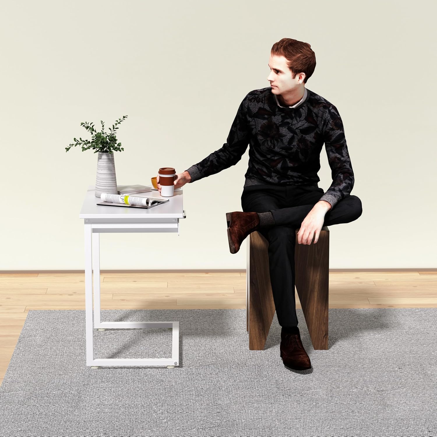 C Shaped End Table,Small Couch Side Table with Drawer,for Living Room, Bedroom Magazines, Computers, Coffee, Small Objects Storage.White