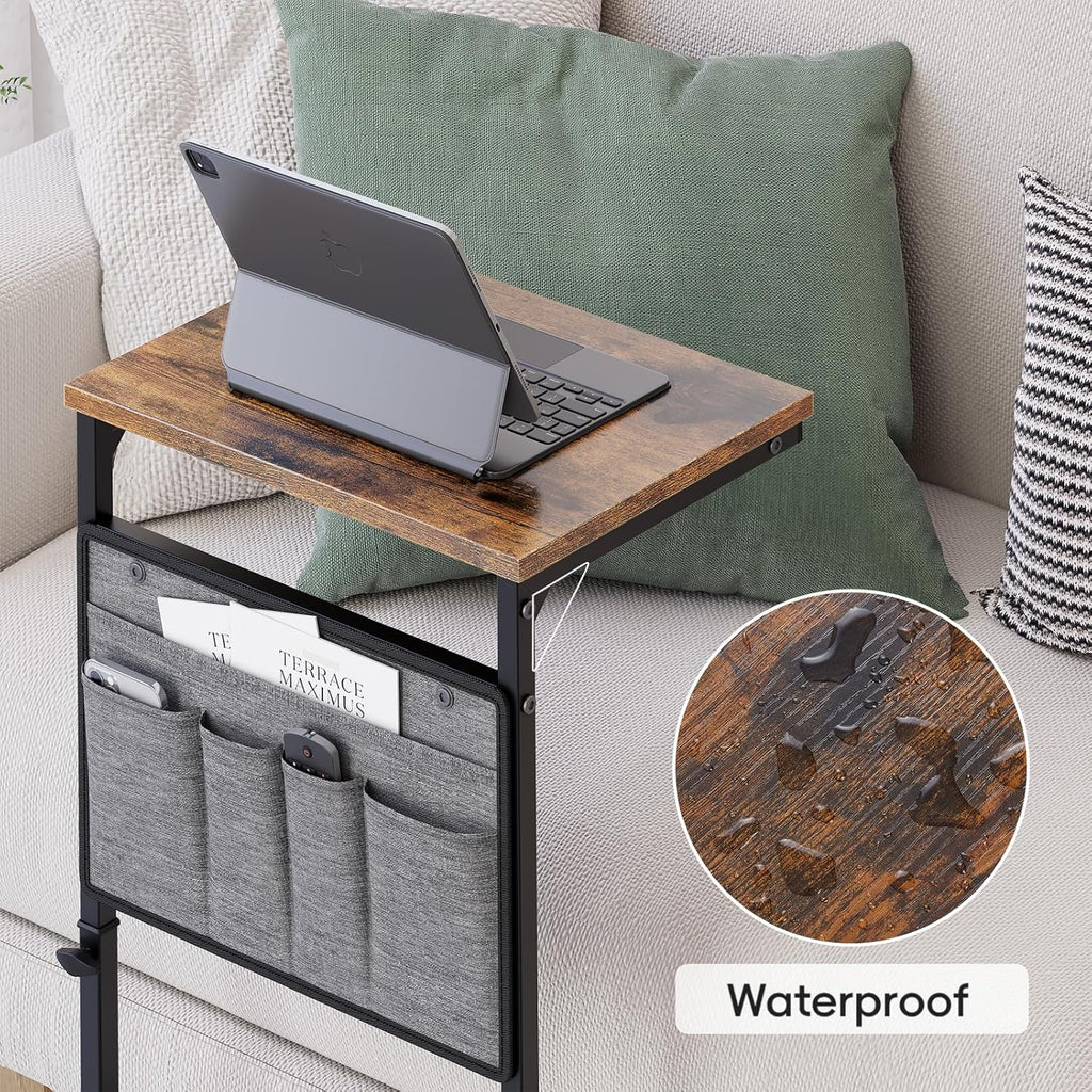 Vagusicc C Shaped End Table, 33'' Tall Side Table for Couch, Adjustable Height Small Couch Side Table for Small Spaces, End Table Slide Under Sofa Table TV Tray Table Arm Table for Living Room, Brown