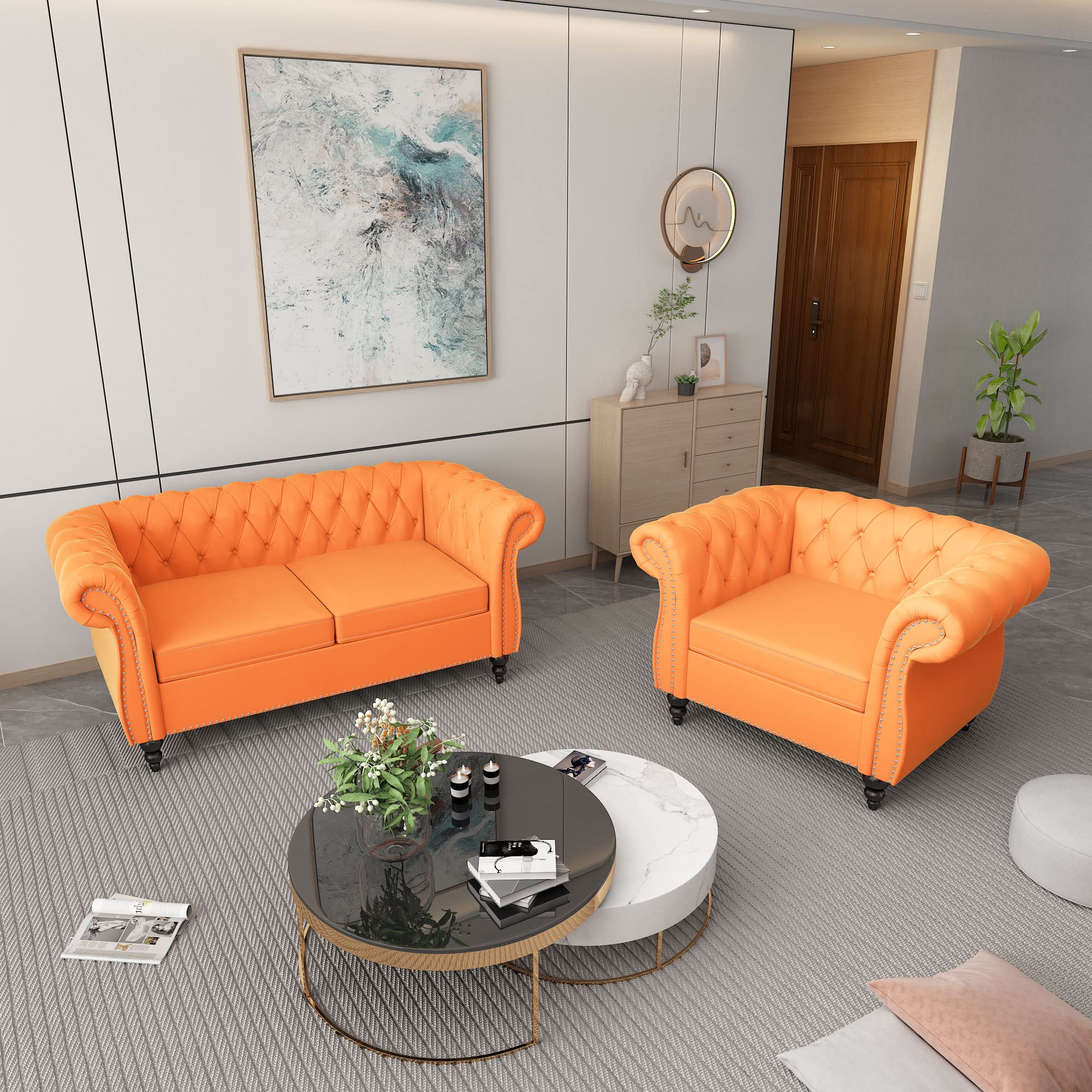 2 Piece Living Room Set, Chesterfield Leather Sofa Couch Chair with Scroll Arms and Nailhead for Living Room, Office (Dark Brown)