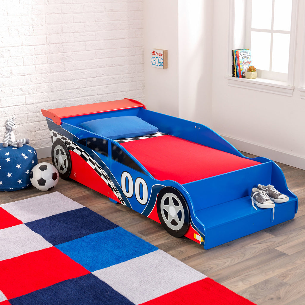 KidKraft Wooden Racecar Toddler Bed with Built-in Bench & Bed Rails - Red & Blue