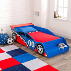KidKraft Wooden Racecar Toddler Bed with Built-in Bench & Bed Rails - Red & Blue