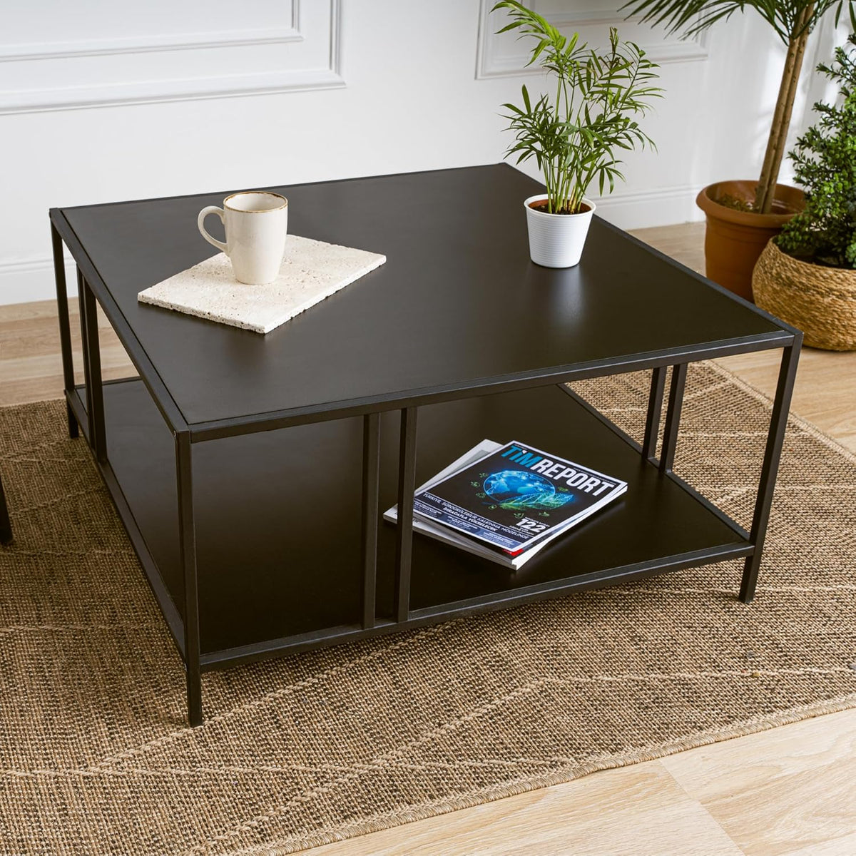 Uranus 2 Tiers Black Coffee Table - A Modern Living Room Furniture Piece for Home Office, Easy Assembly, 31.5” Square Center Table with Black Tabletop and Storage Shelf