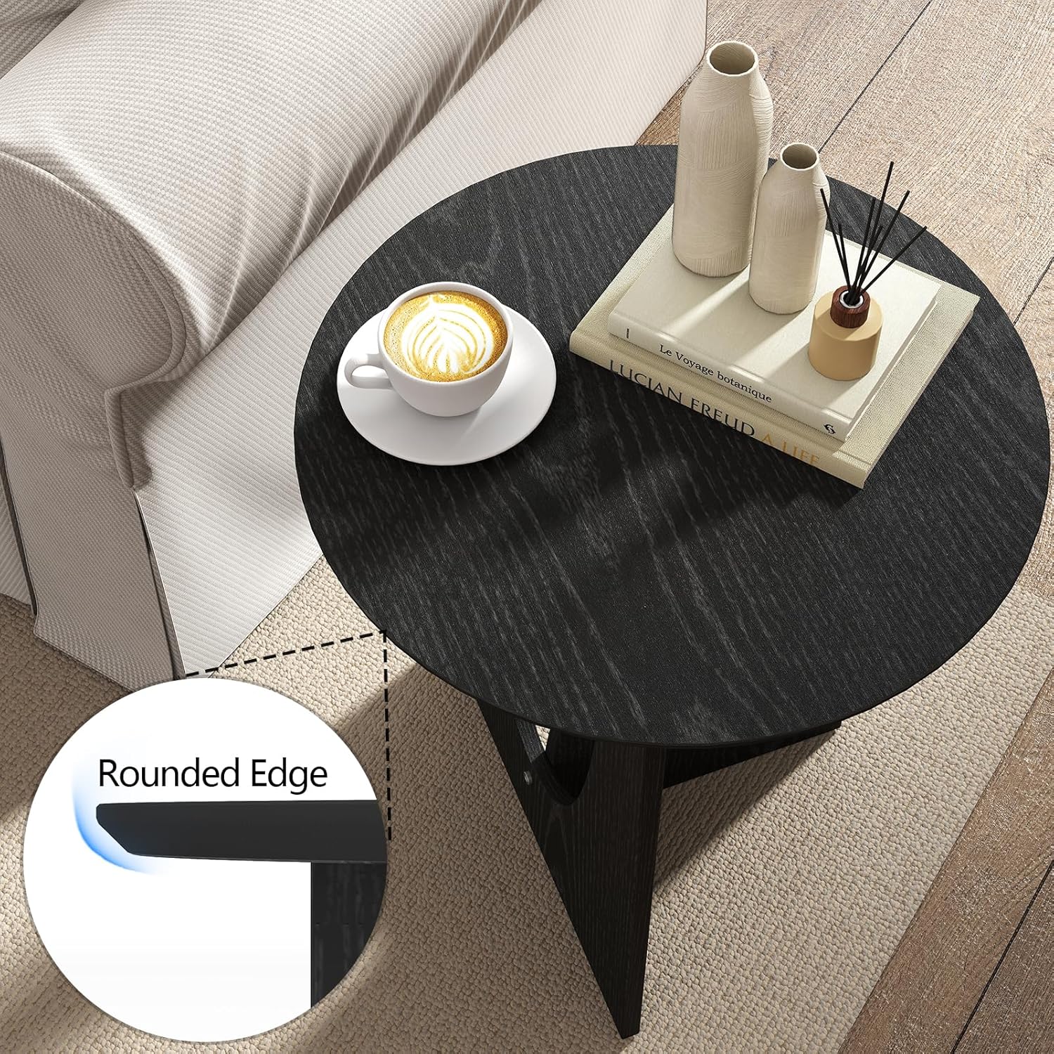 Round Black Side Table, Unique End Table and Small Coffee Table for Living Room, Balcony Room