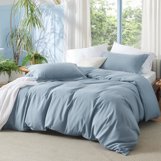 Bedsure Grey Duvet Cover Queen Size - Polyester & Rayon Derived from Bamboo Cooling Queen Duvet Cover Set, 3 Pieces, 1 Zipper Closure Duvet Cover (90"x90") & 2 Pillow Shams, Comforter Sold Separately