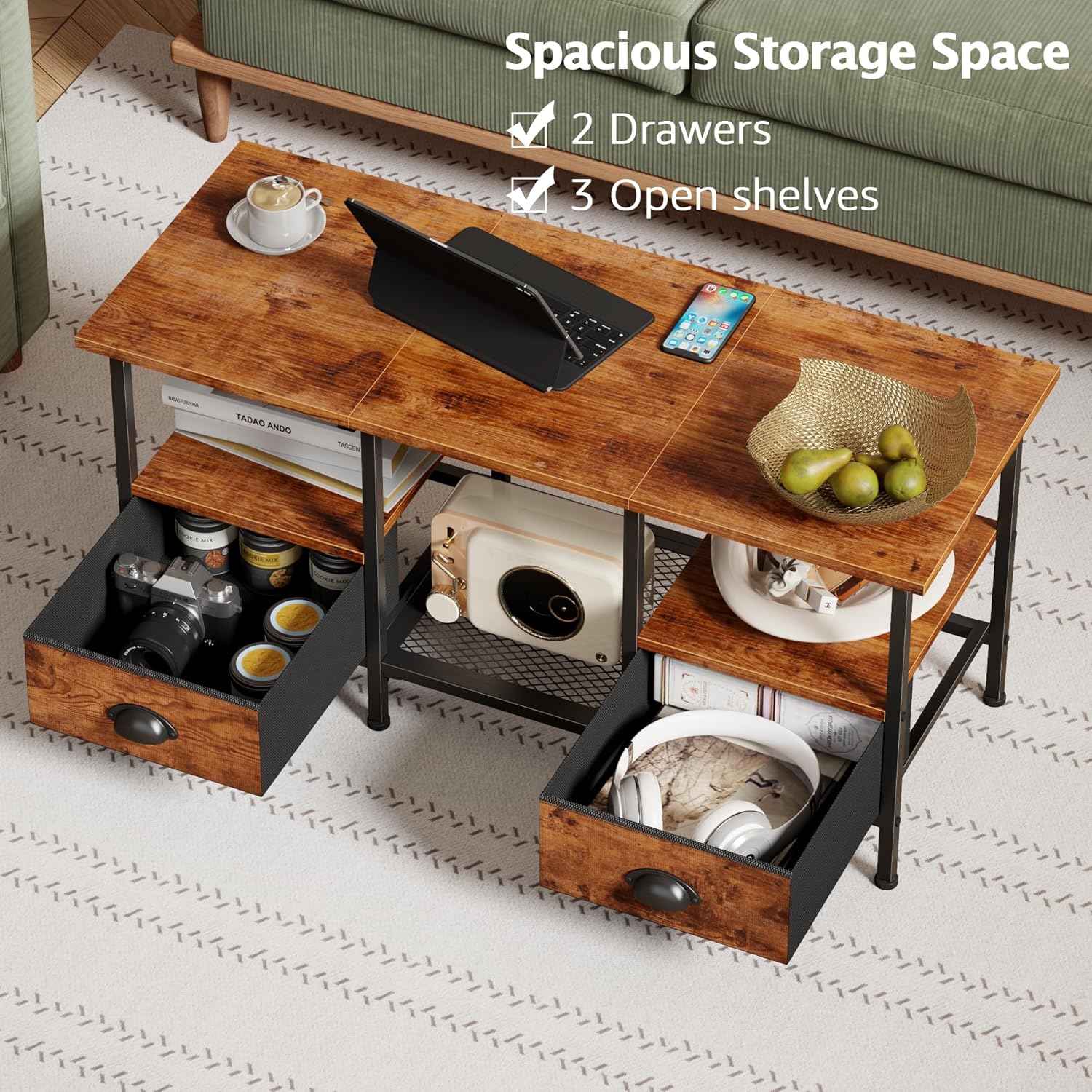 Furologee 35" Coffee Table with 2 Storage Drawers, Small Coffee Tables for Living Room, Industrial Center Table with 2 Tier Storage Shelf, Rustic Brown