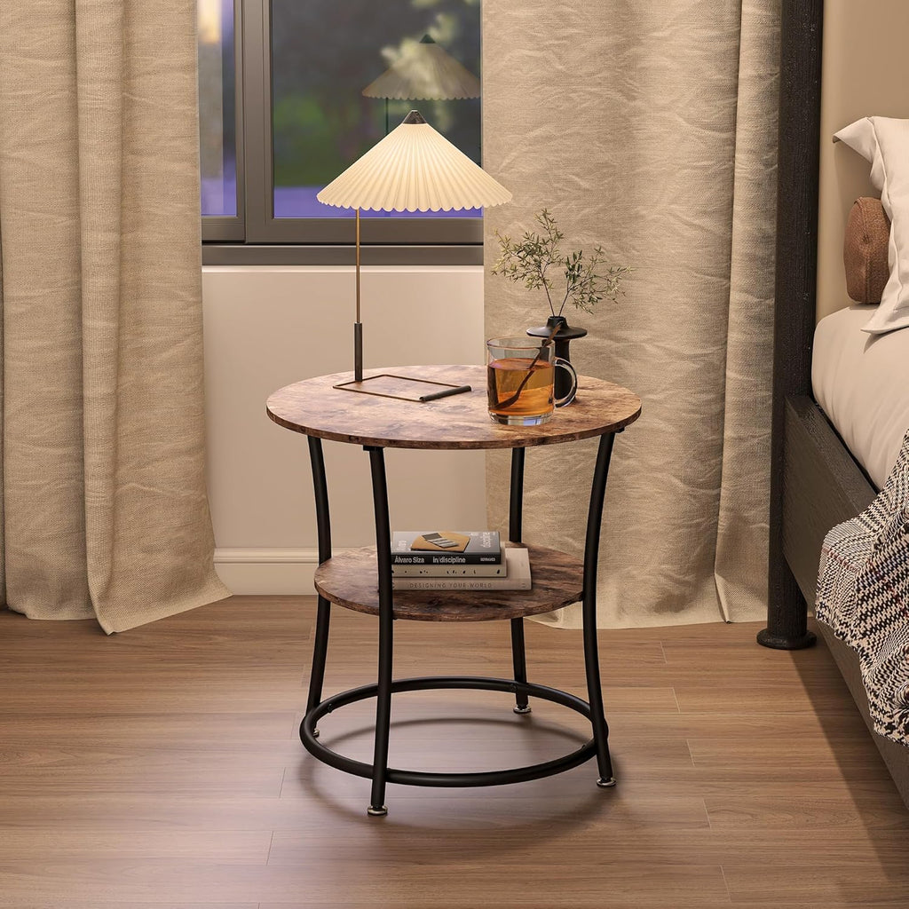 BOFENG Side Table,Round End Table with 2 Storage Shelves for Living Room, Bedroom,Small Spaces,Coffee Table Nightstand with Sturdy Metal Frame,Easy Assembly,Rustic Brown