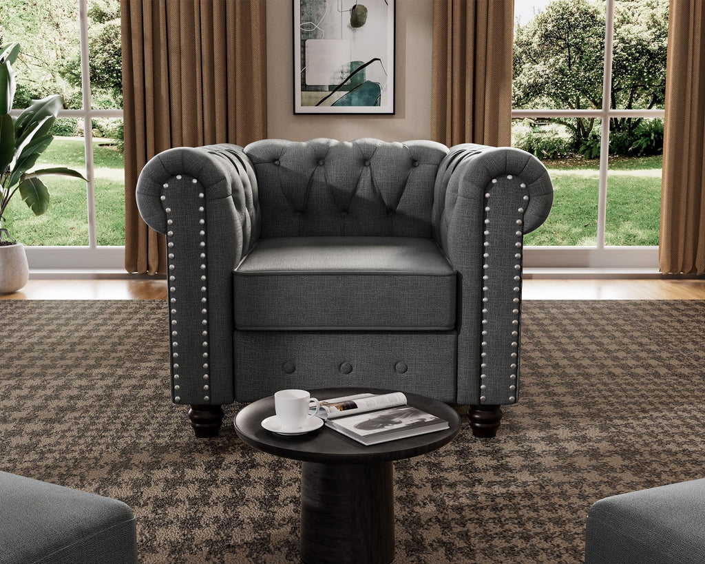 Morden Fort 2 Piece Classic Chesterfield 5-Seater Set, Tufted Loveseat & Sofa Furniture Solid Wood Legs Thick Cushion, Pet-Friendly Couch Set for Living Room Bedroom Apartment, Linen Beige