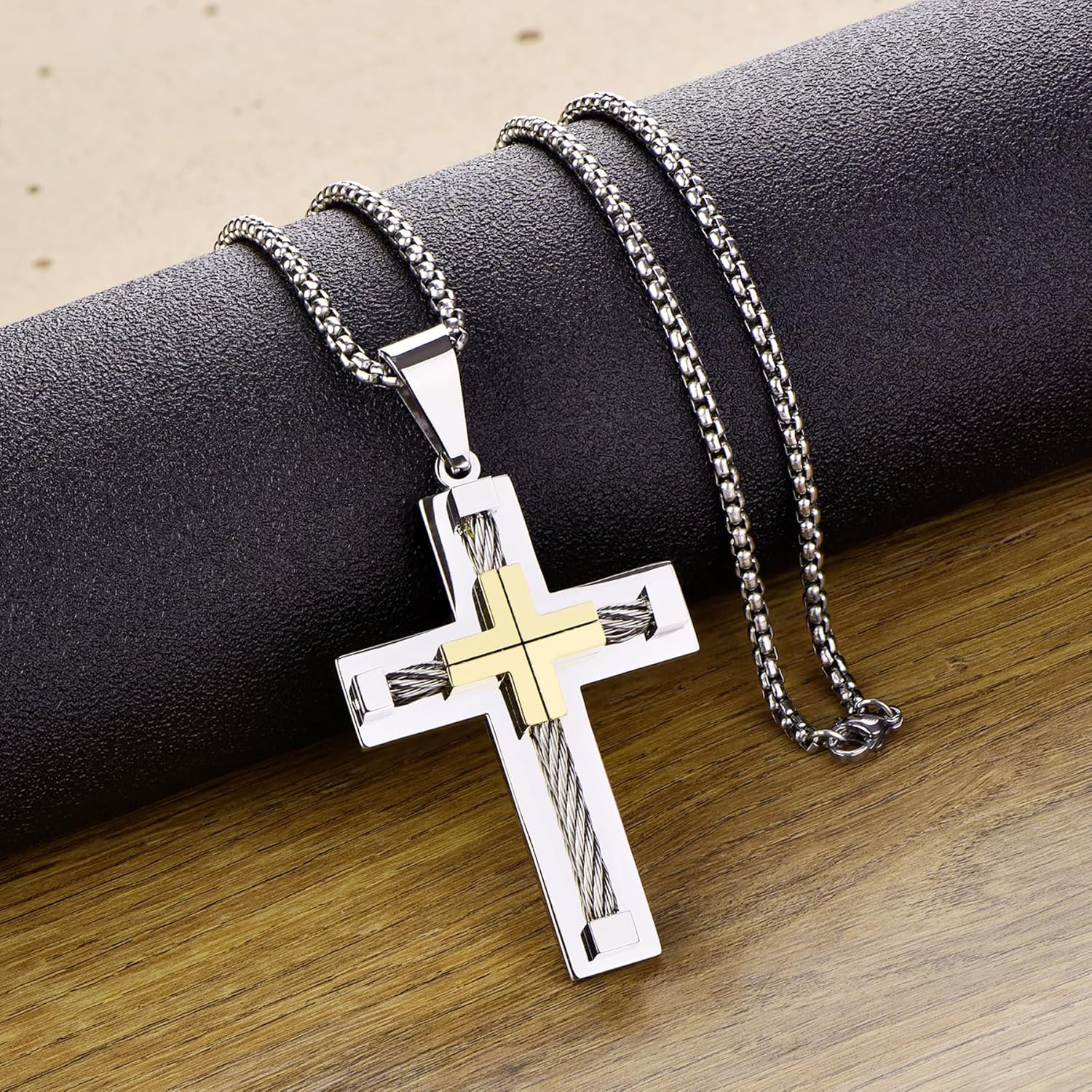 YL Men's Cross Necklace 316L Stainless Steel Large Jesus Christ Pendant Jewelry Rolo Chain for 24''