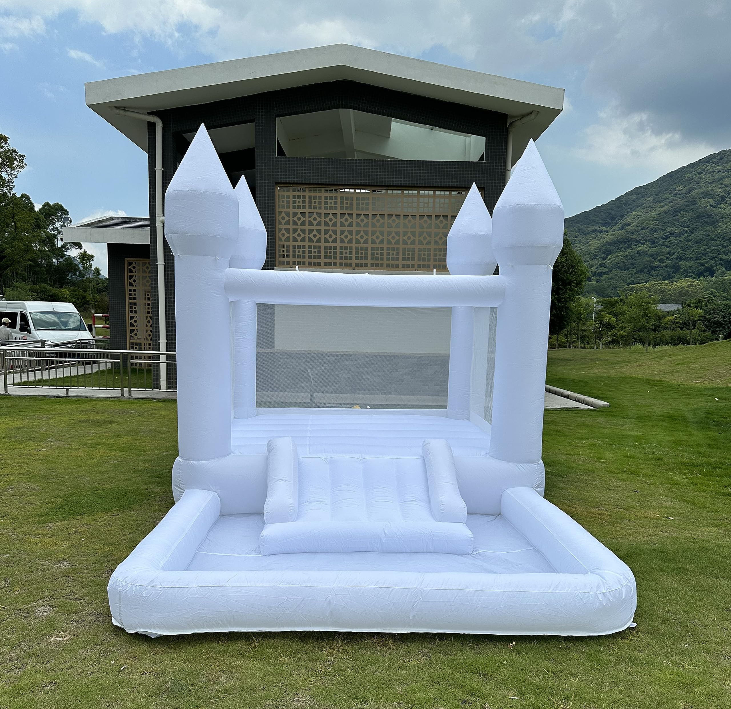 Portable White Bounce House with Slide and Ball Pit Multifunctional Inflatable Bouncer for Kids(13 * 8 * 8ft Oxford Cloth，with Air Blower