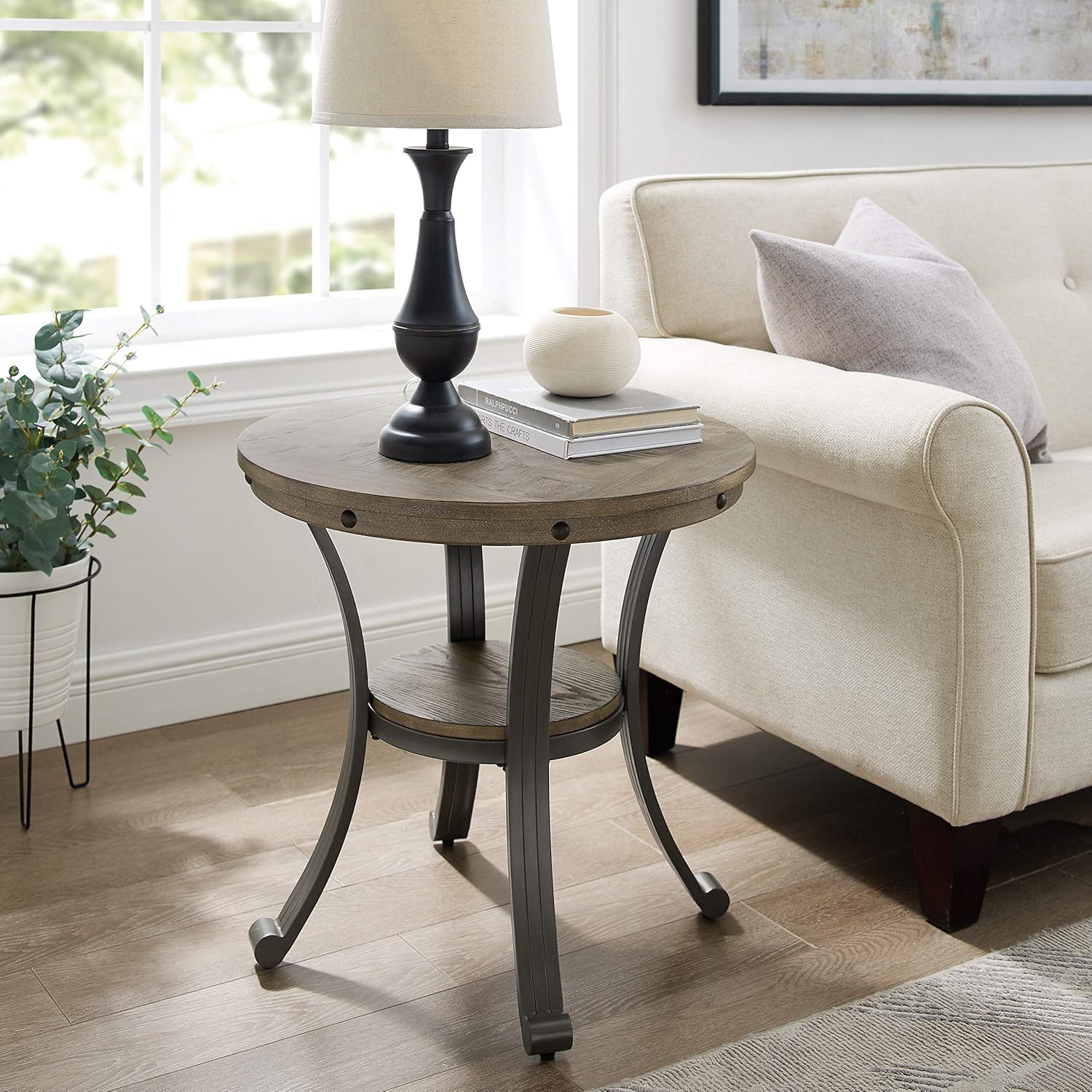 Powell Pewter Metal and Rustic Wood Side Table Franklin Dining