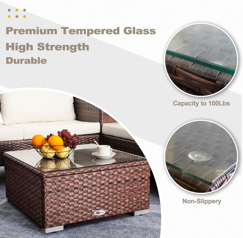 DIMAR GARDEN Outdoor Coffee Table Wicker Patio Side Table with Glass Top, 25.2in Mixed Brown