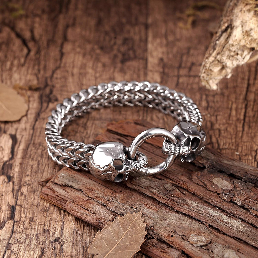 Bold Men’s Biker Bracelet – Skull, Wolf, and Foxtail Chain Designs in Polished Silver & Black Genuine Leather – Rust & Discoloration Resistant Stainless Steel – Jewelry Gift or Accessory for Men