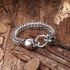 Bold Men’s Biker Bracelet – Skull, Wolf, and Foxtail Chain Designs in Polished Silver & Black Genuine Leather – Rust & Discoloration Resistant Stainless Steel – Jewelry Gift or Accessory for Men