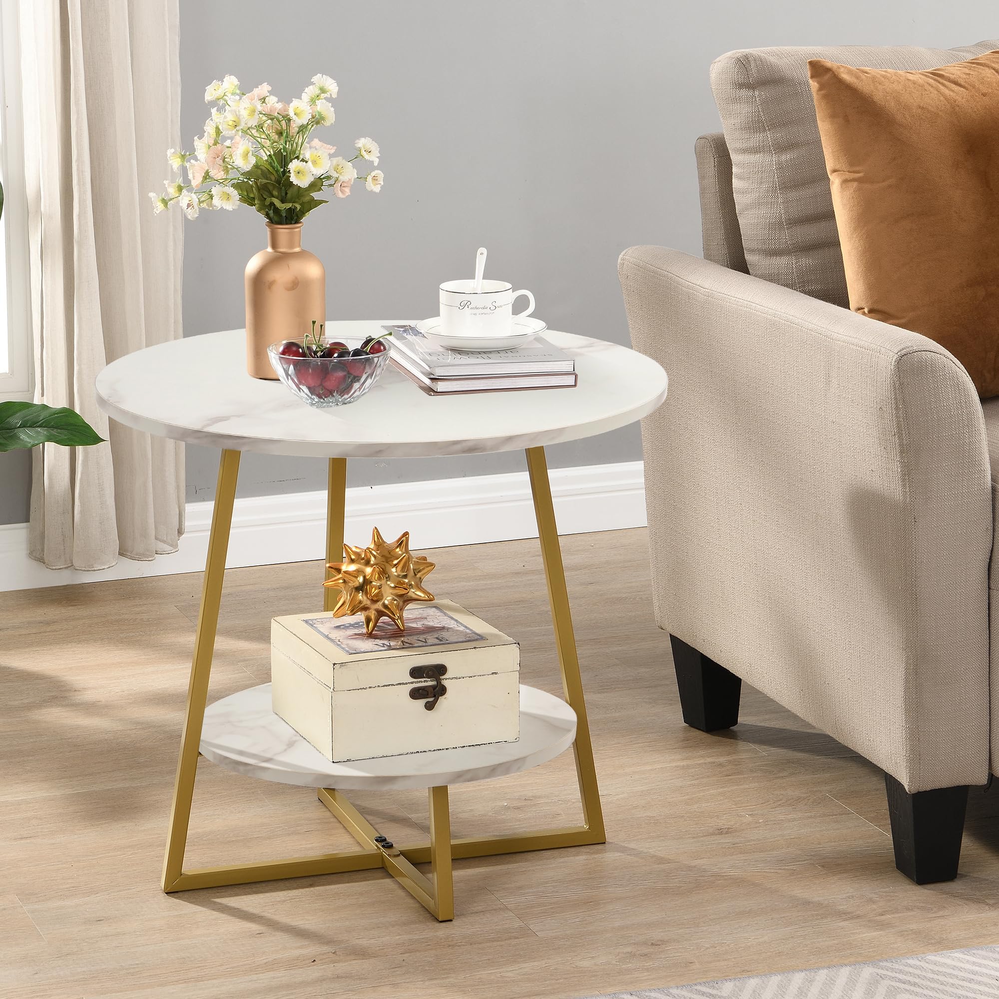 D&H FURNIMMT 20" Living Room Side Table for Small Spaces, 2 Tier Wood Top Round End Tables with Storage Shelf, Accent Sofa Table for Bedroom, Office, Sunroom, Balcony, Black