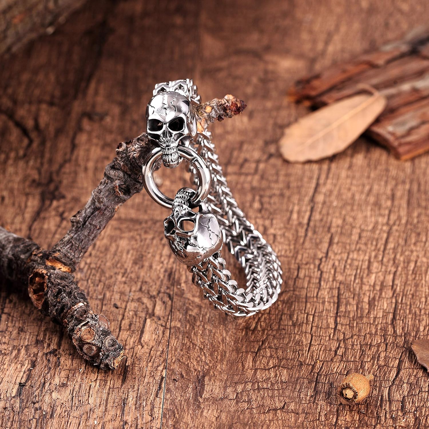 Bold Men’s Biker Bracelet – Skull, Wolf, and Foxtail Chain Designs in Polished Silver & Black Genuine Leather – Rust & Discoloration Resistant Stainless Steel – Jewelry Gift or Accessory for Men