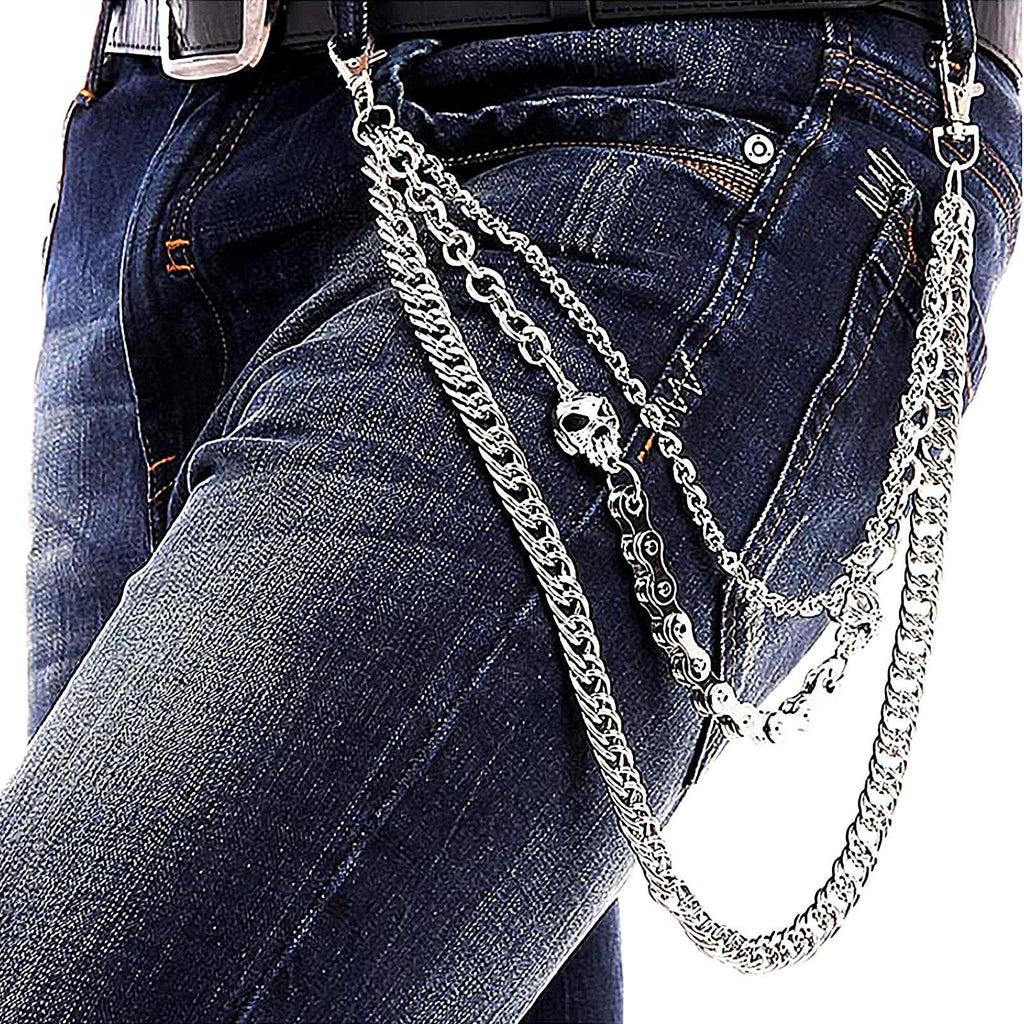 Chaîne de pantalon pour hommes femmes, chaîne de portefeuille crâne biker, longue chaîne de ceinture de poche cool EMO punk pour pantalons, porte-clés pour hip hop rock jean gothique