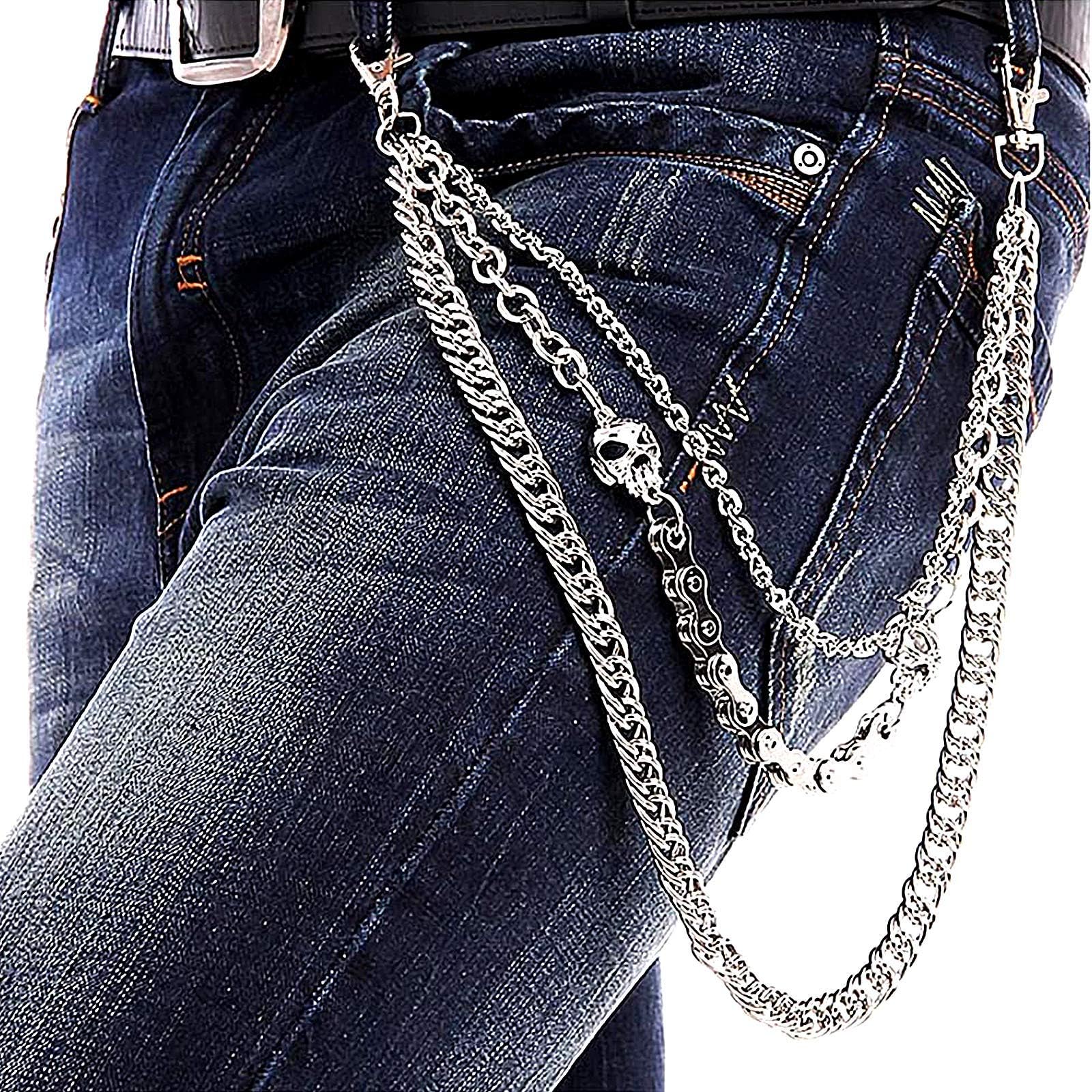 Chaîne de pantalon pour hommes femmes, chaîne de portefeuille crâne biker, longue chaîne de ceinture de poche cool EMO punk pour pantalons, porte-clés pour hip hop rock jean gothique