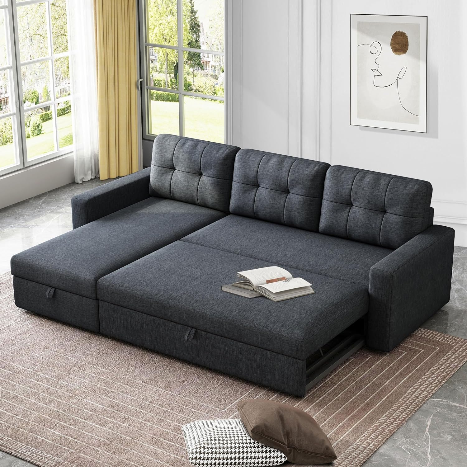 Upholstered Sleeper Sofa, L Shaped Sectional Couch with Reversible Storage, Convertible Corner Lounge Couches w/Pull Out Sofabed for Living Room, Apartment,Dark Grey