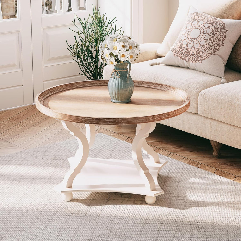 Round Farmhouse Coffee Table with Handmade Finish, Wood Tray Top Rustic Coffee Table for Added Thickness, Accent Table with Storage for Living Room, Small Place, White, Circle