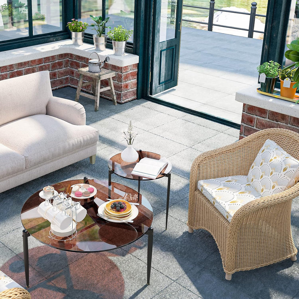 Round Tempered Glass Table 31.5 inch Large Circle Top Metal Frame Brown