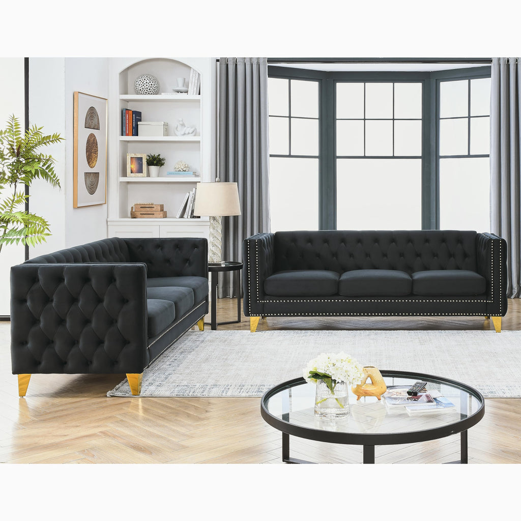 KEIKI Tufted Velvet 3+3 Seat Sofa Couch for Living Room, Buttons Tufted Square Arm Couch for Home Apartment, Gray