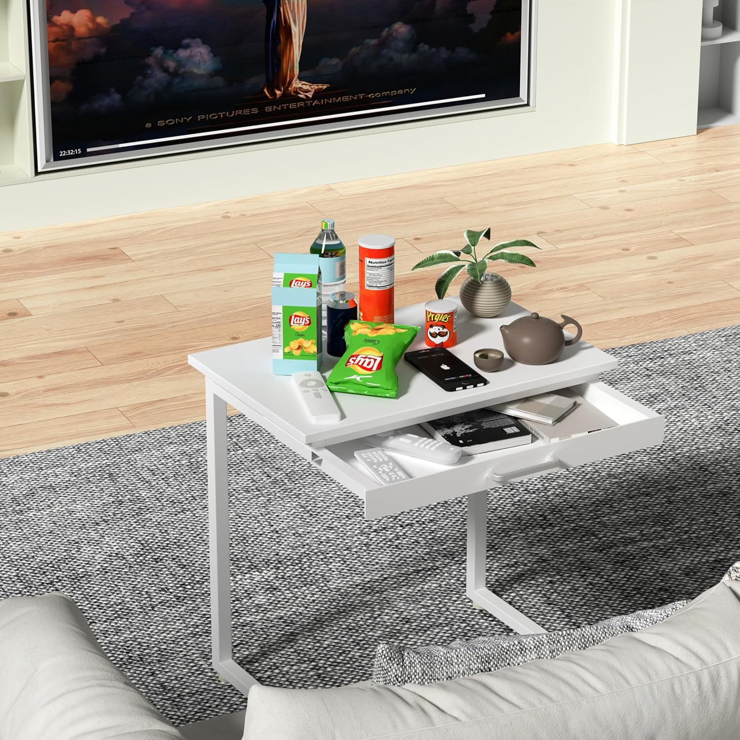 C Shaped End Table,Small Couch Side Table with Drawer,for Living Room, Bedroom Magazines, Computers, Coffee, Small Objects Storage.White