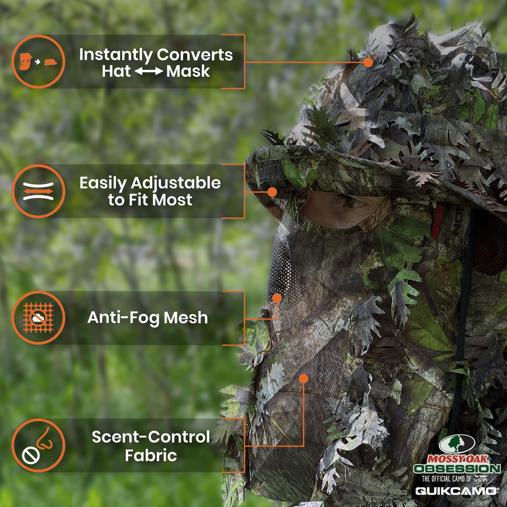 Mossy Oak NWTF Obsession Camo Face Mask Leafy Bucket Hat for Turkey Hunting Leafy Suits Camo Gear (Adjustable OSFM)