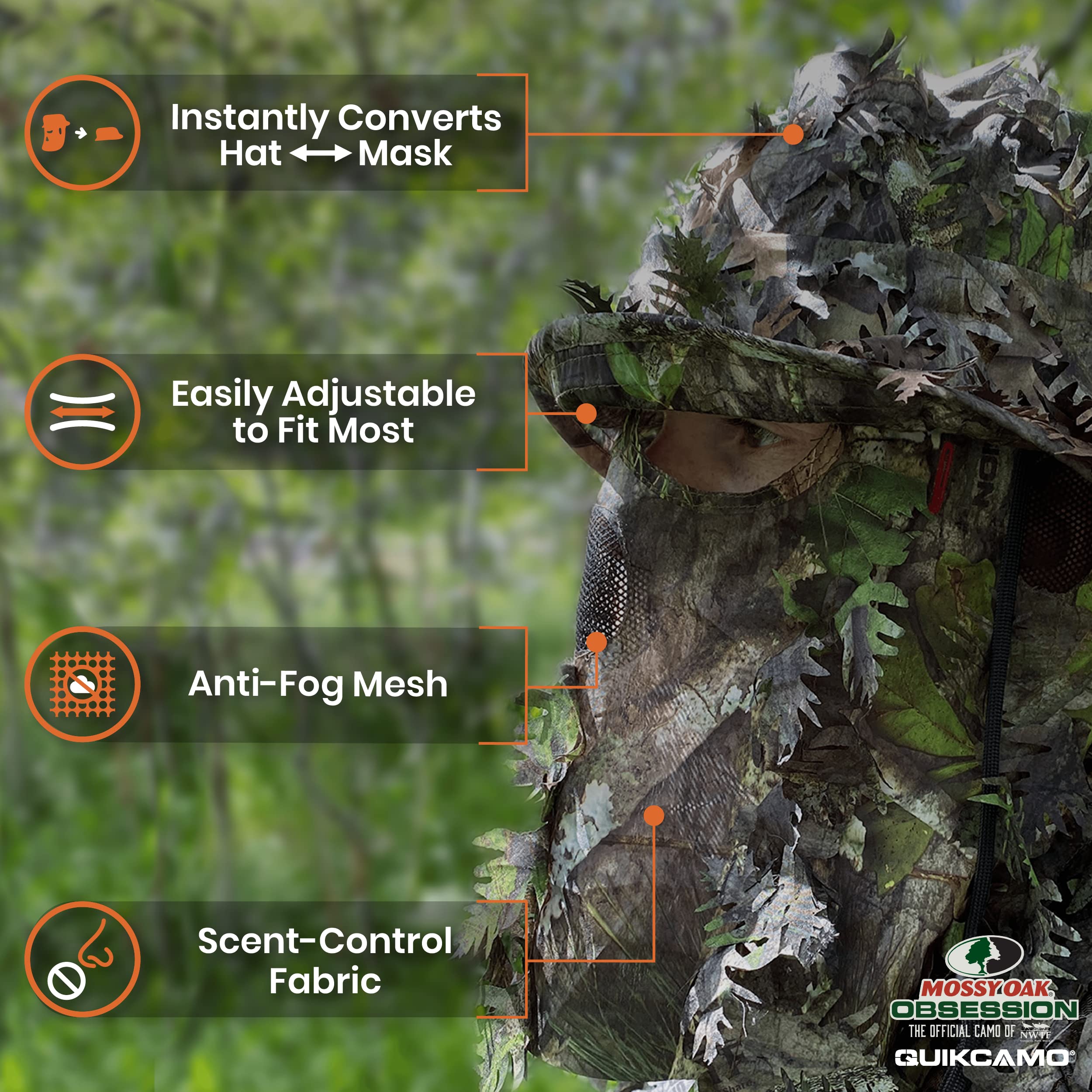 Mossy Oak NWTF Obsession Camo Face Mask Leafy Bucket Hat for Turkey Hunting Leafy Suits Camo Gear (Adjustable OSFM)