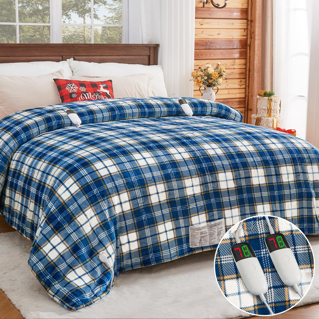 Elektrisch verwarmd deken, 50X60, verwarmingsdeken met 10 verwarmingsniveaus/8 uur automatische uitschakeling, marineblauw geruit Sherpa-dekenverwarmer voor volwassenen, wasbaar deken cadeau voor bank bed kantoor, ETL