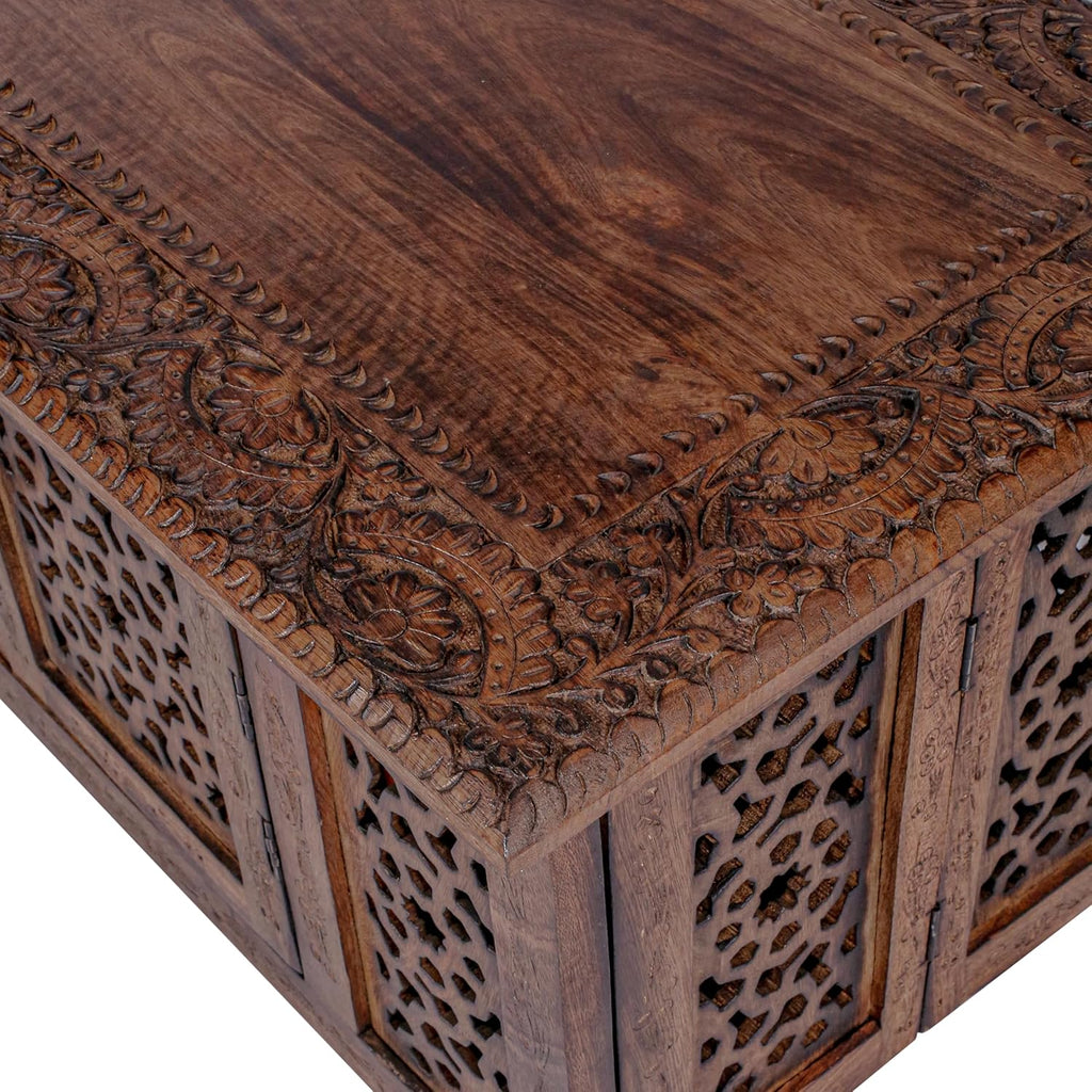 Hand-Carved Wooden Coffee Table – 36” x 18” Rectangular Mango Wood Center Table with Storage, Natural Burnt Finish, Living Room & Accent Table