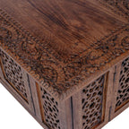 Hand-Carved Wooden Coffee Table – 36” x 18” Rectangular Mango Wood Center Table with Storage, Natural Burnt Finish, Living Room & Accent Table