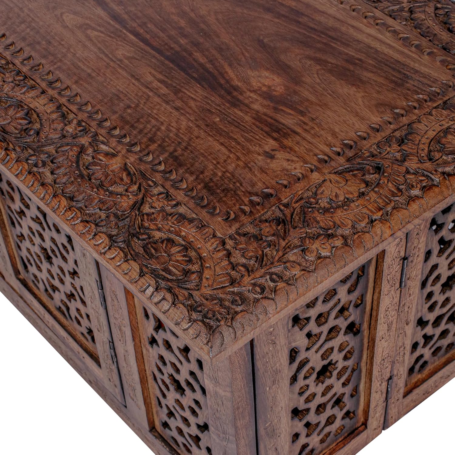 Hand-Carved Wooden Coffee Table – 36” x 18” Rectangular Mango Wood Center Table with Storage, Natural Burnt Finish, Living Room & Accent Table