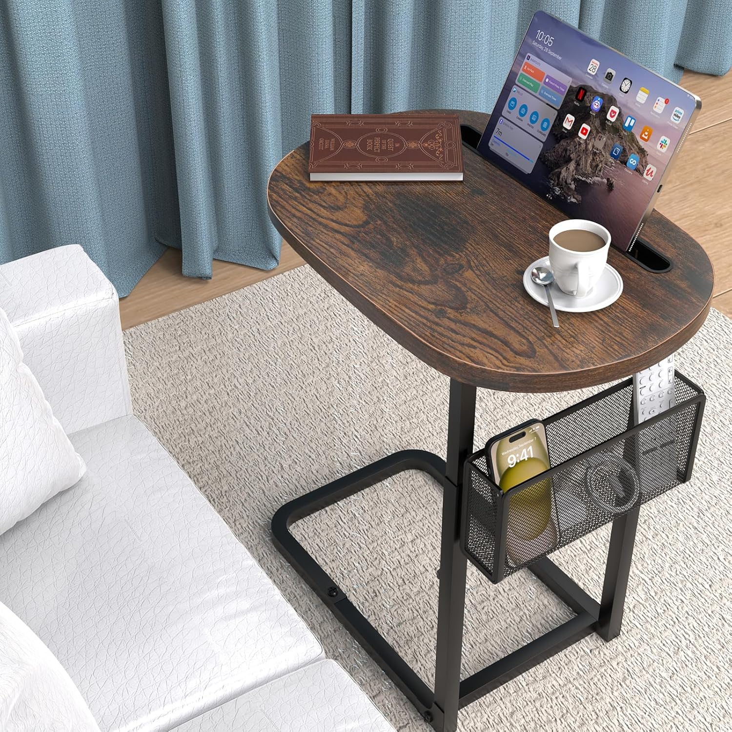 Couch Side Table with Large Tabletop, Tv Tray Table Adjustable Height with Storage Baskets, Strong and Stable Metal Frame, for Sofa, Bedside, TV Watching, Meals, Snacks, and Laptop Use