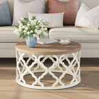 karlott Farmhouse Coffee Table, French Country Round Coffee Table, Distressed Wood Top with Curved Motif Frame Base for Boho, Living Room