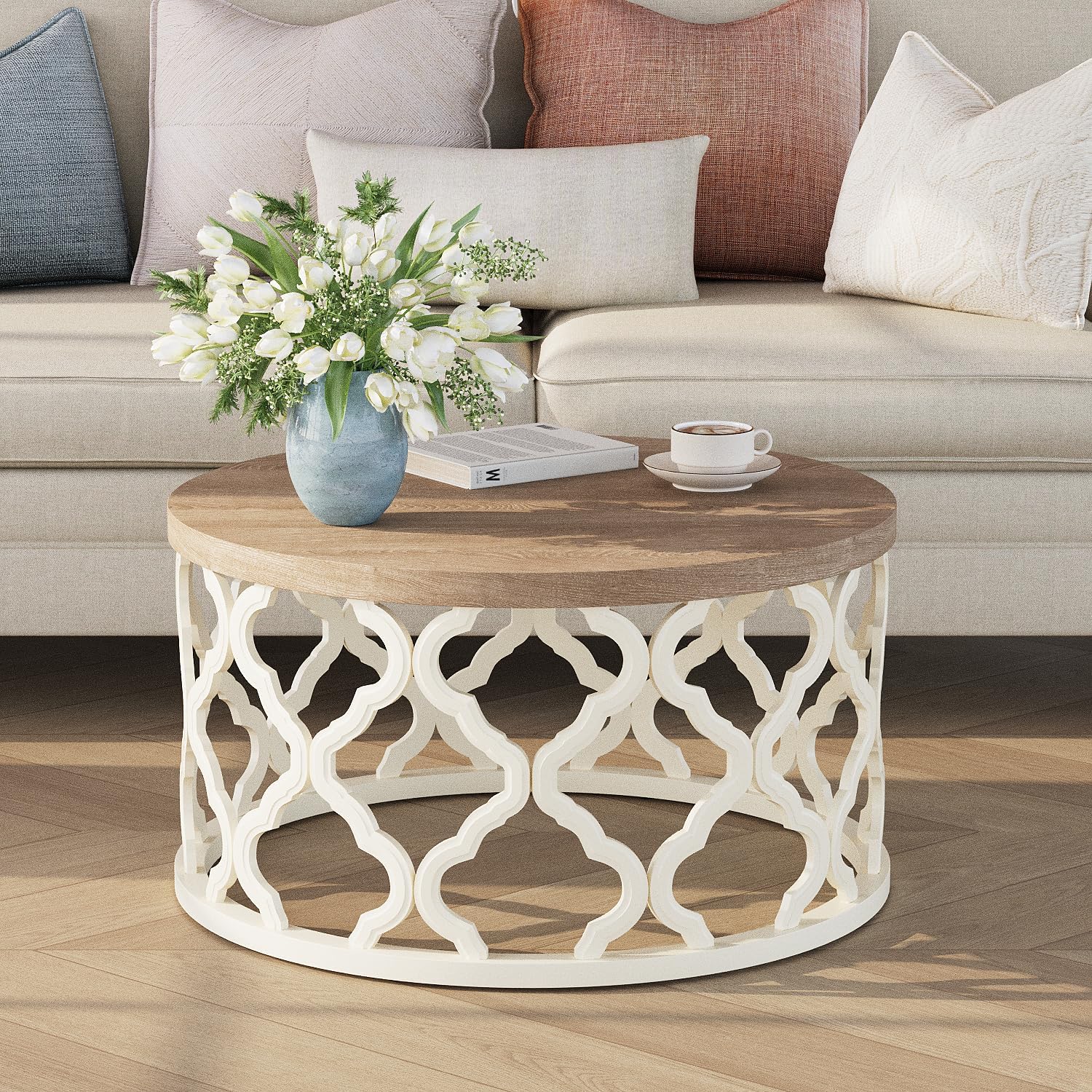 karlott Farmhouse Coffee Table, French Country Round Coffee Table, Distressed Wood Top with Curved Motif Frame Base for Boho, Living Room