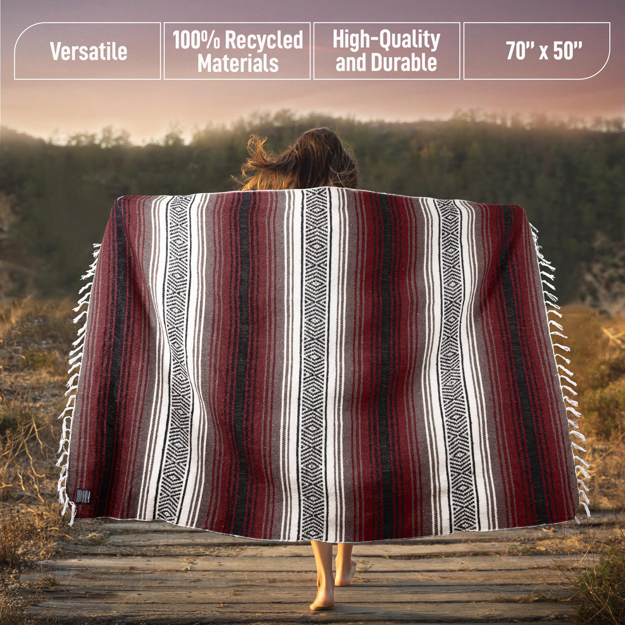 Authentische große handgewebte mexikanische Decke - Weiche Yoga- Strapazierfähiger Serape- Leichte Falsa, Strand-, Camping-, Picknick-, Outdoor-Decke 70"x50" - Kirsche