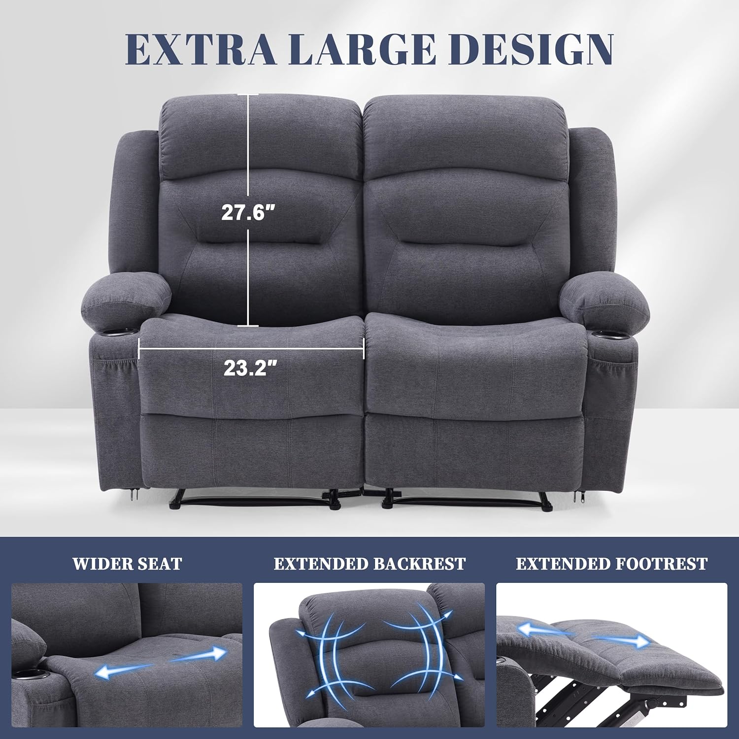 Oversized Recliner Loveseat with Heat and Massage, Wall-Hugger Reclining Sofa with Cup Holders and USB Port, Big Large 2-Seater Double RV Recliner Loveseat for Living Room (Fabric, Grey)