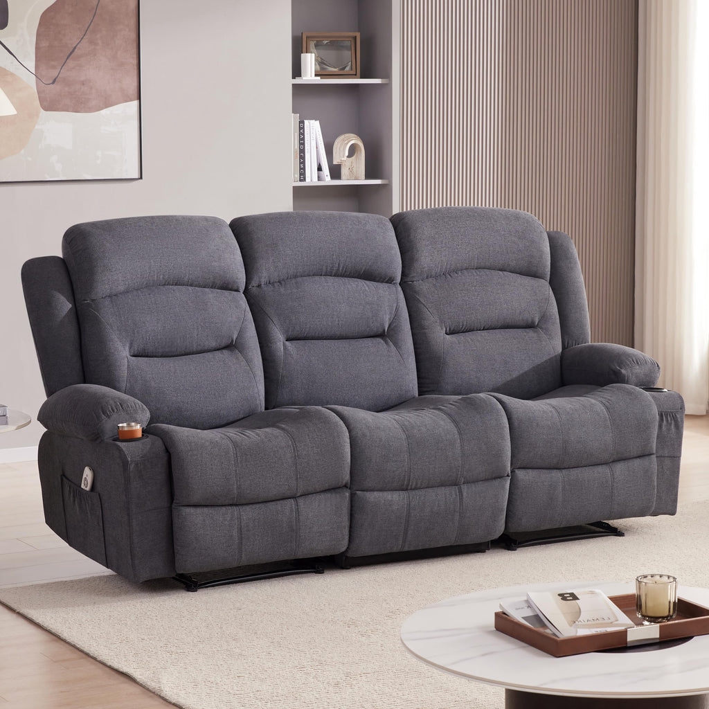 Oversized Recliner Loveseat with Heat and Massage, Wall-Hugger Reclining Sofa with Cup Holders and USB Port, Big Large 2-Seater Double RV Recliner Loveseat for Living Room (Fabric, Grey)